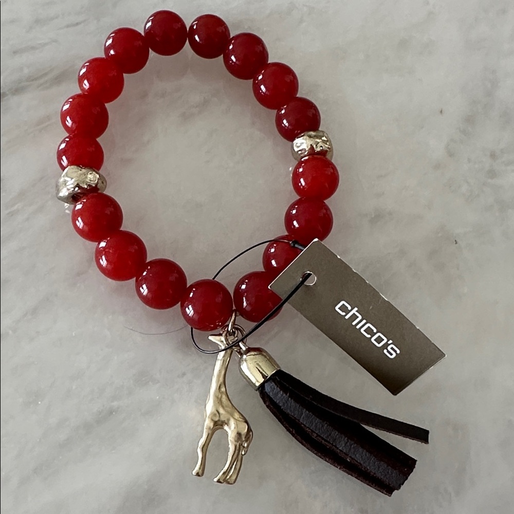 Chico's  Red Bracelet with gold giraffe Charm and leather tassel. New with tag